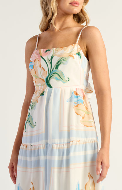 Jayde Floral Tiered Tie Back Detail Midi Dress - Blue