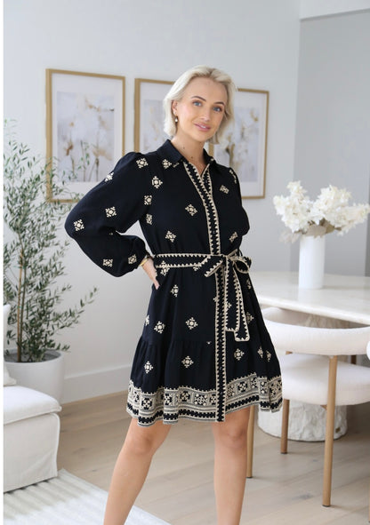 Kylie Long Sleeve Button Up Mini Dress - Black Embroidered