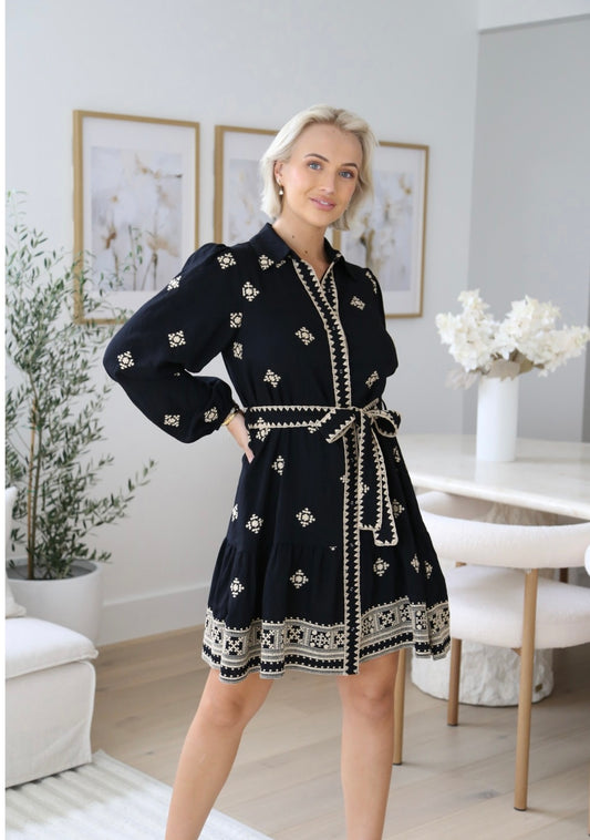 Kylie Long Sleeve Button Up Mini Dress - Black Embroidered