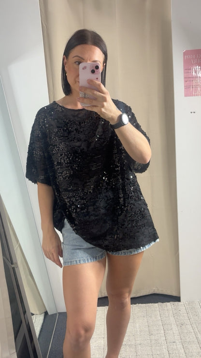 Phoebe Pattern Sequin Top - Black | By Frankie