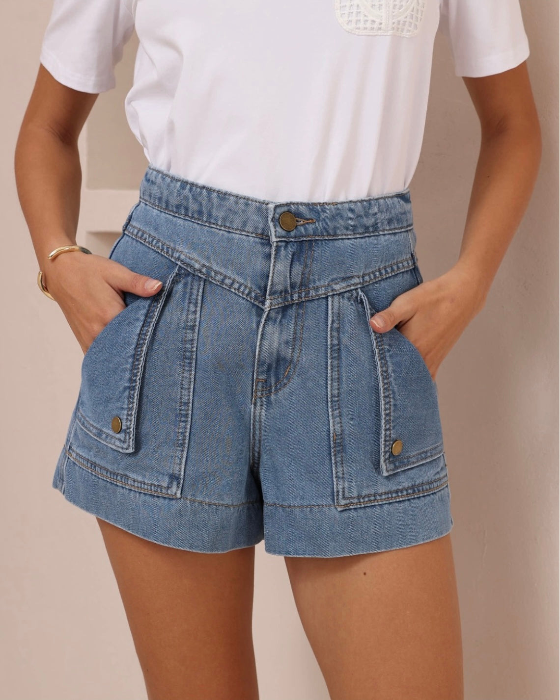 Gianna High Waisted Denim Shorts - Light Blue