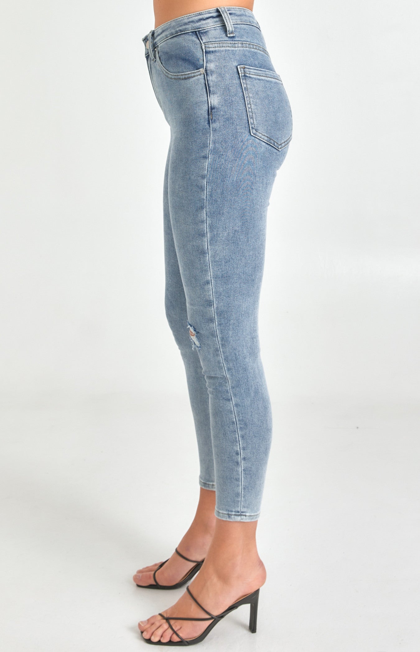 Kyle High Waisted Skinny Jeans with Knee Rip - Blue