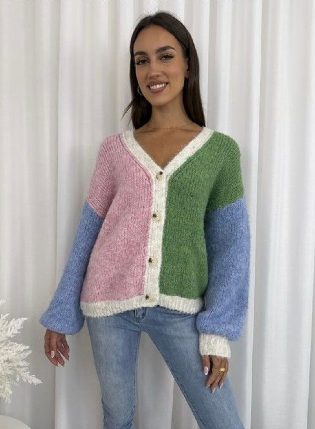 Multi Knit Button Up Cardigan - Green Blue Pink