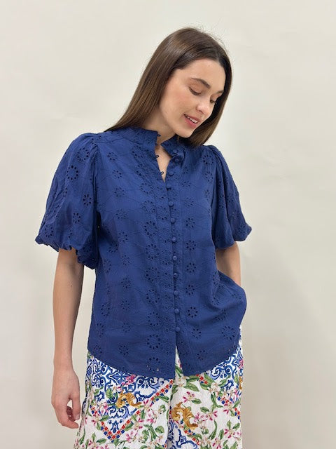 Kayla Button Up Cotton Broderie Shirt - Navy Blue