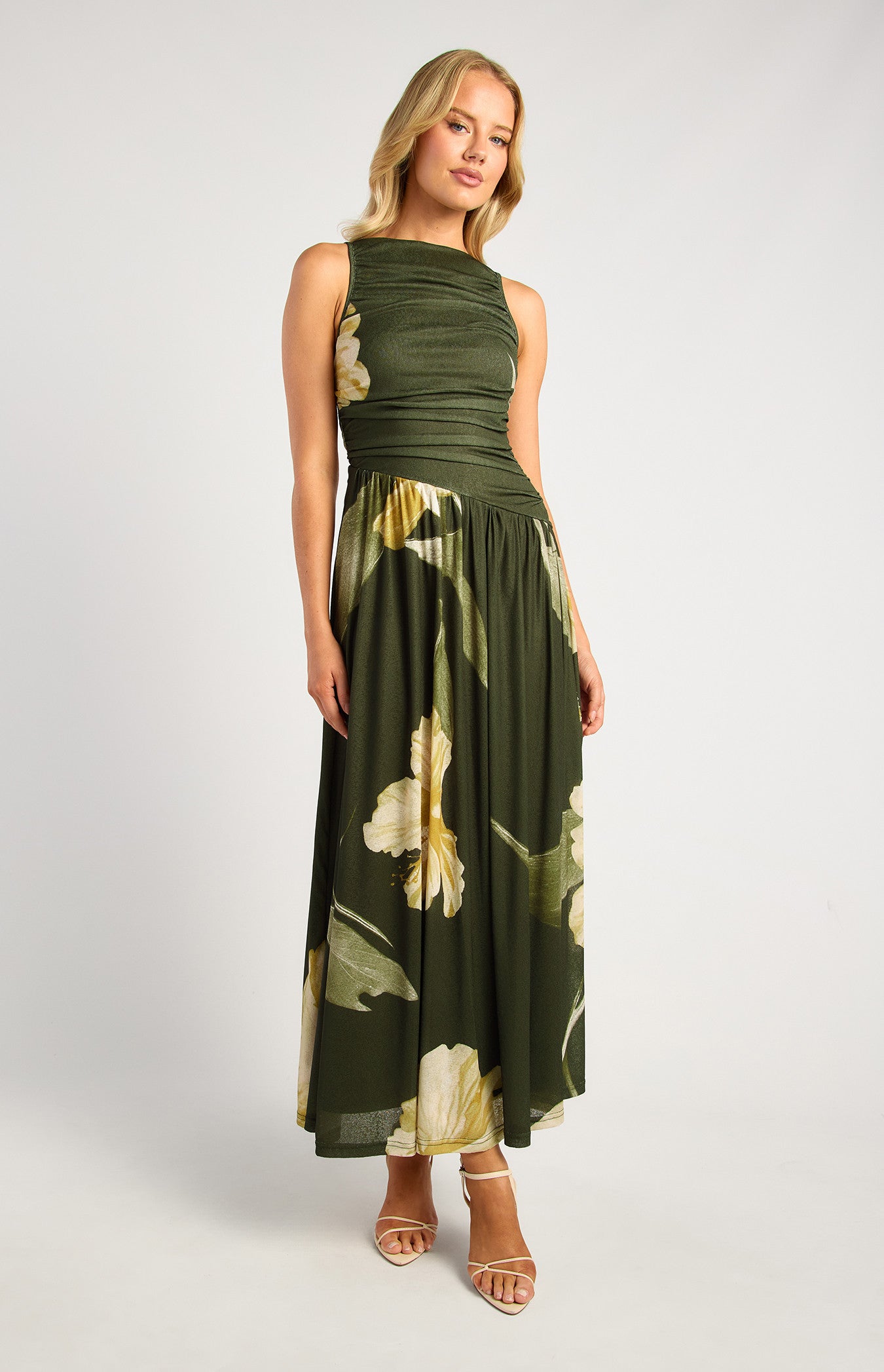 Melody Ruched Bodice Floral Print Jersey Maxi Dress - Green