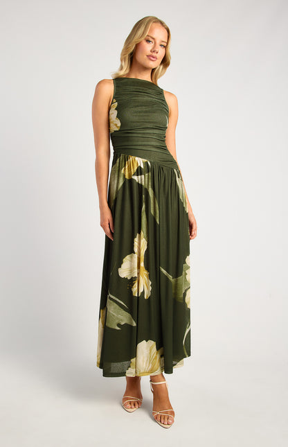 Melody Ruched Bodice Floral Print Jersey Maxi Dress - Green