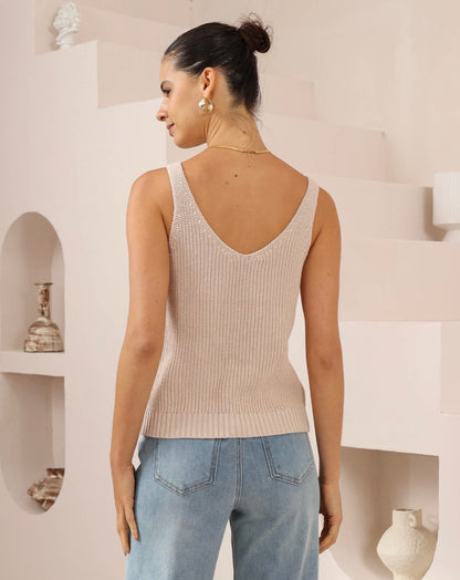 Cami V-Neck Knit Sleeveless Top - Beige