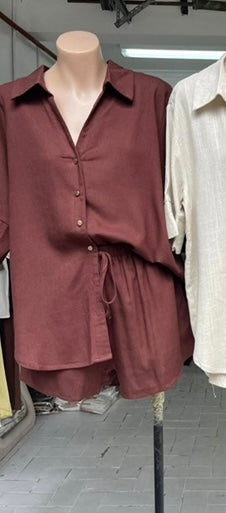 Clara Matching Button Up Shirt & Shorts Set - Chocolate Brown