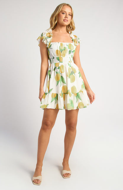 Chiffon Mini Dress With Shirred Waist Detail - Lemon