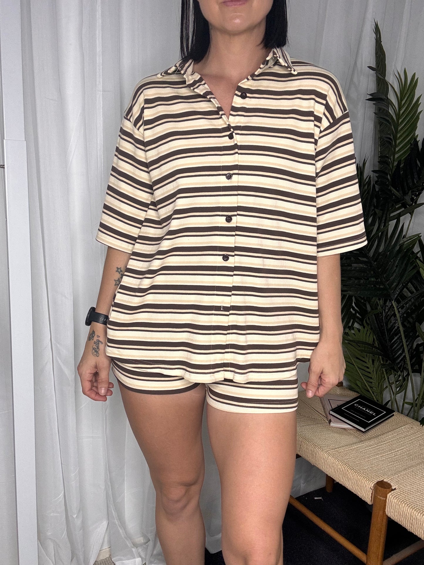 Sara Button Up Top & Matching Shorties - Brown Stripe