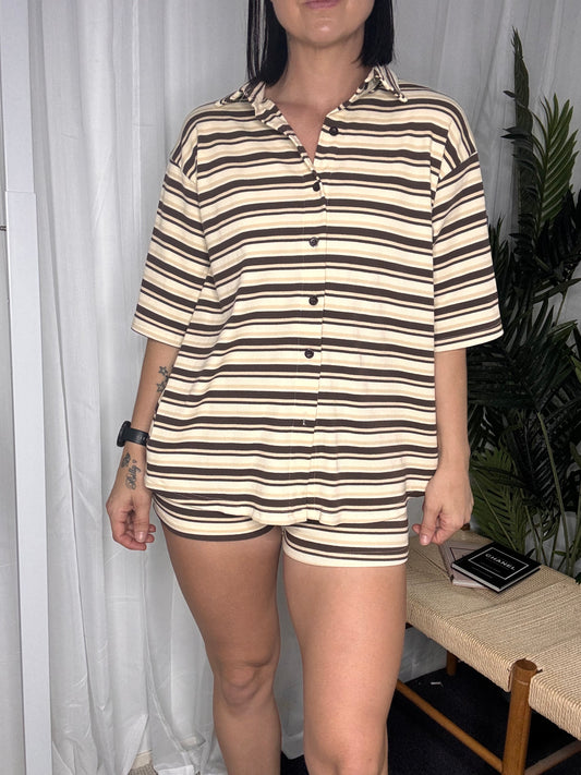 Sara Button Up Top & Matching Shorties - Brown Stripe