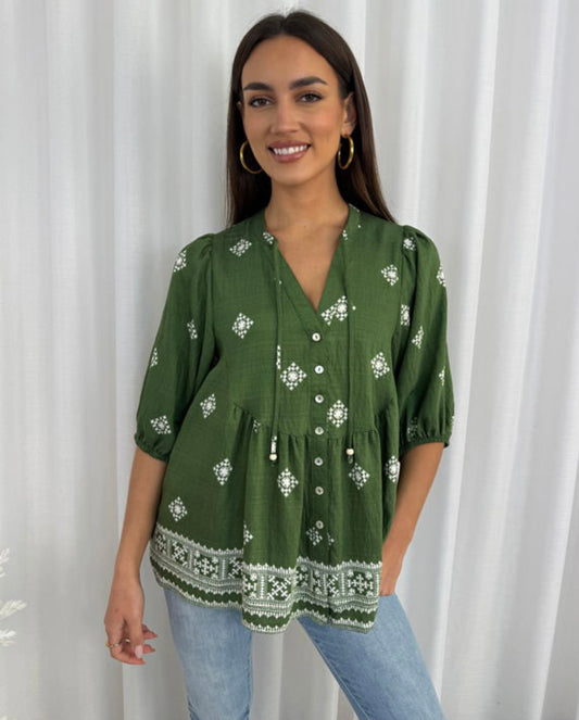 Pip Short Sleeve Button Up Shirt - Green White