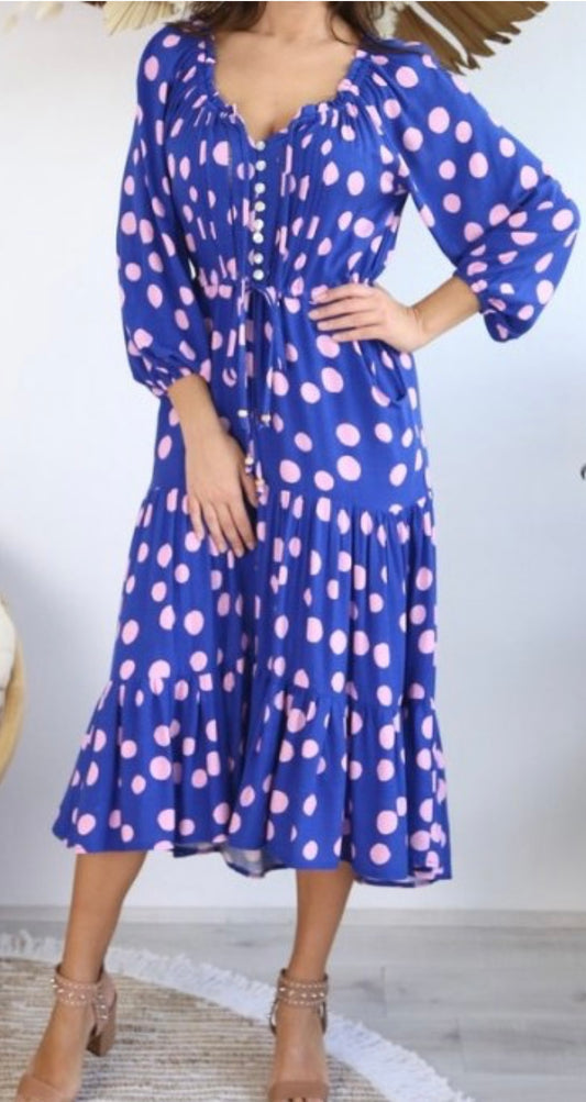 Holly Waist Tie Midi Dress - Purple Polka Dot