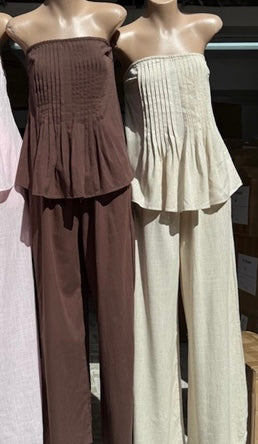 Kate Strapless Pleated Tube Top & Pants Set - Oat