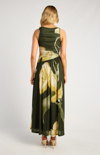 Melody Ruched Bodice Floral Print Jersey Maxi Dress - Green