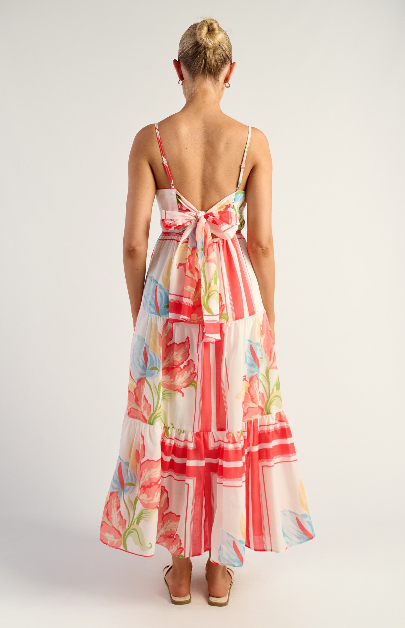 Jayde Floral Tiered Tie Back Detail Midi Dress - Watermelon