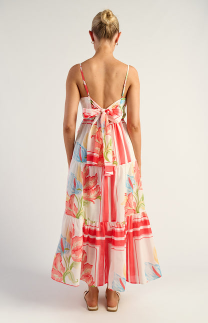 Jayde Floral Tiered Tie Back Detail Midi Dress - Watermelon