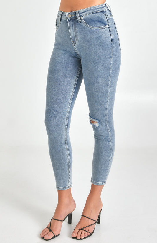 Kyle High Waisted Skinny Jeans with Knee Rip - Blue