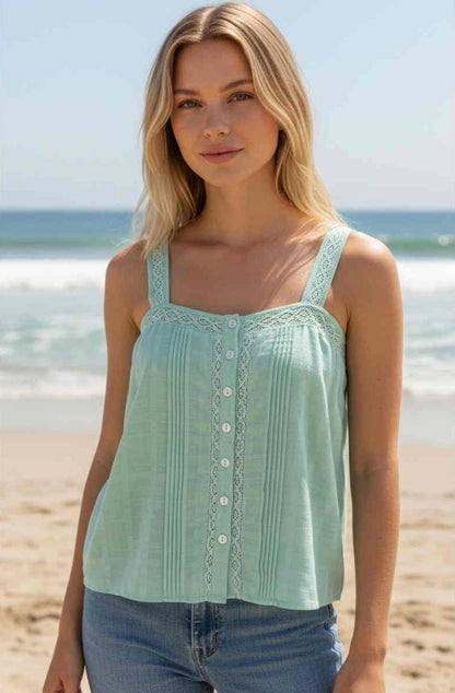 Carly Lace Button Up Singlet Top - Green