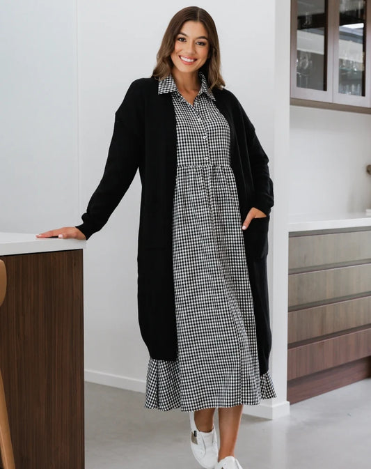 Elsie Button Up Bust Maxi Dress - Black White Gingham