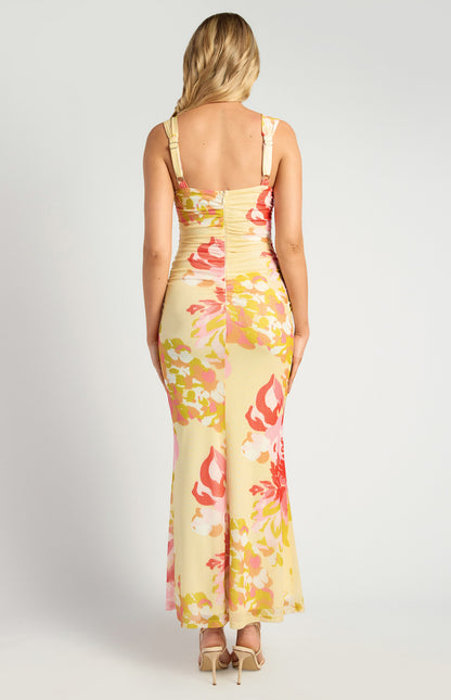 Sadie Floral Print Ruched Bodice Detail Mesh Dress - Red Lemon