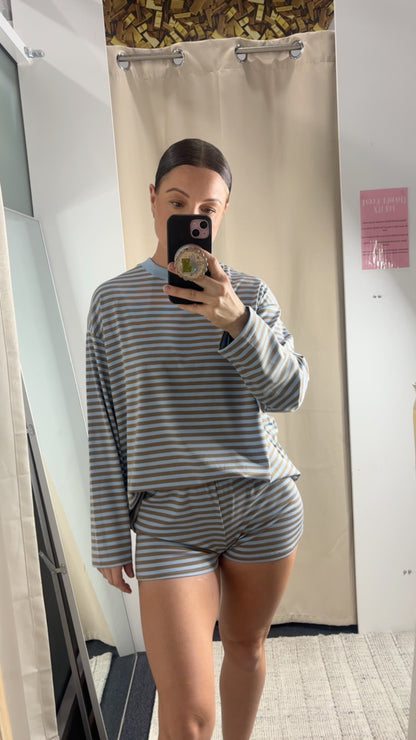 Tessa Long Sleeve Oversized Shirt & Shorts Set - Blue Stripe