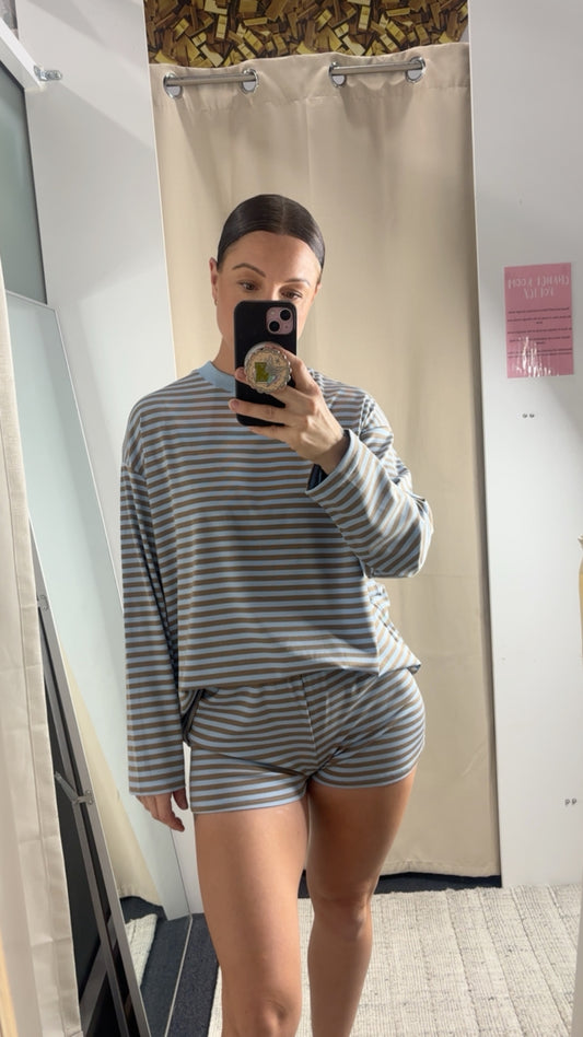 Tessa Long Sleeve Oversized Shirt & Shorts Set - Blue Stripe