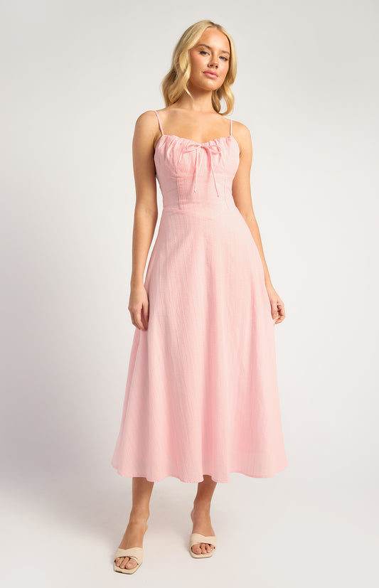Khaya Lace Up Back Detail Embroidered Cotton Maxi Dress - Pink