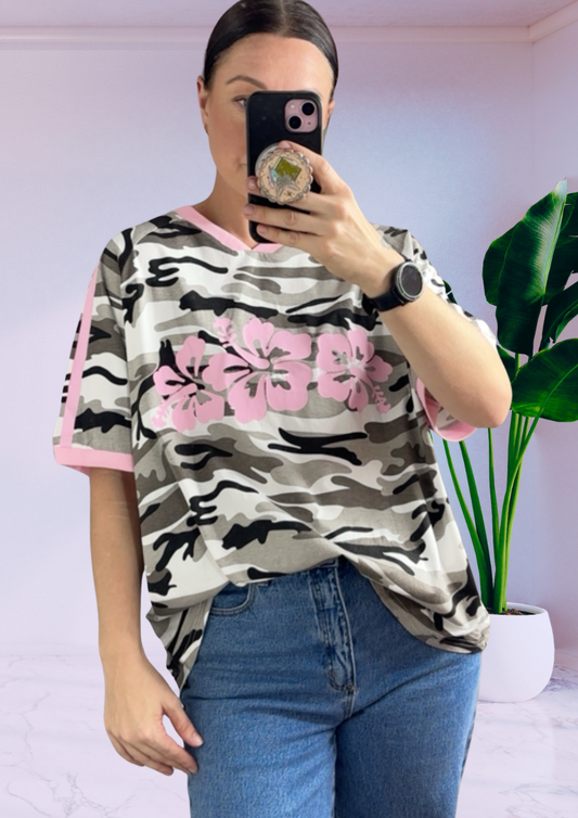 Jersey Oversized Tee Shirt - Hibiscus Grey Camo | By Frankie