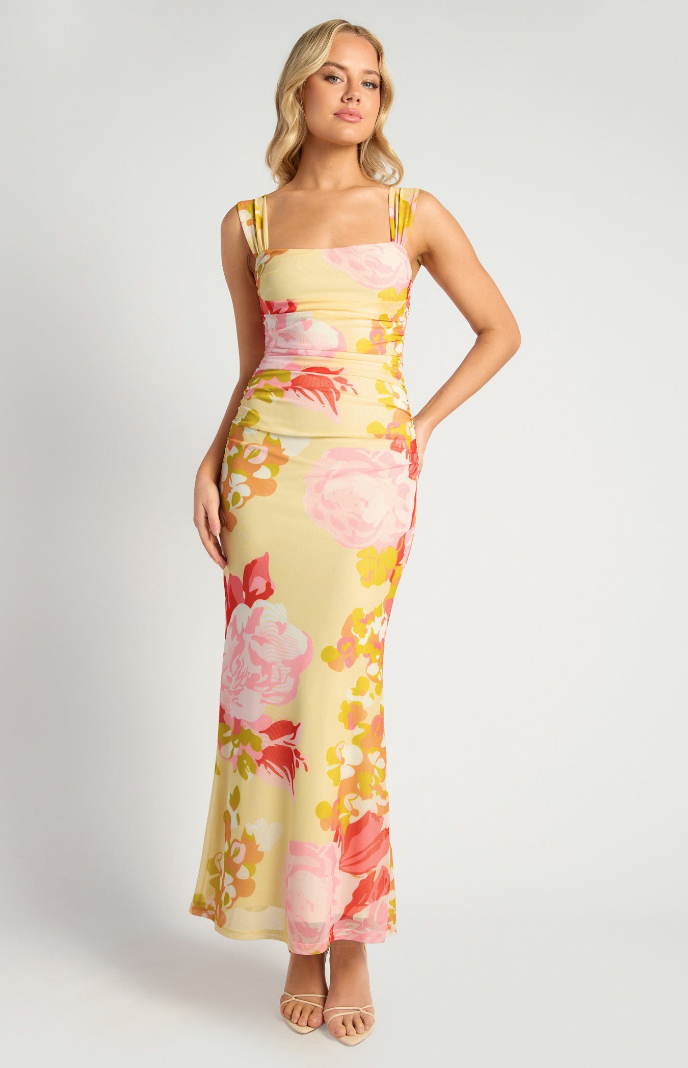 Sadie Floral Print Ruched Bodice Detail Mesh Dress - Red Lemon