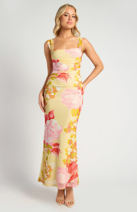 Sadie Floral Print Ruched Bodice Detail Mesh Dress - Red Lemon