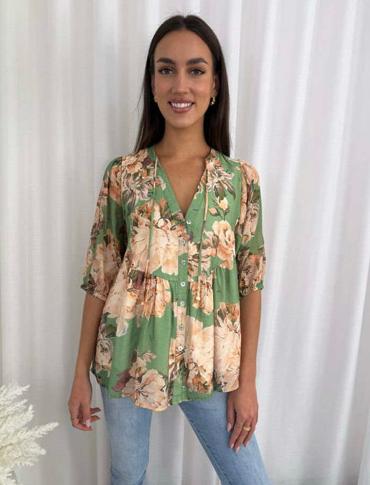 Prue Short Sleeve Button Up Shirt - Green Floral