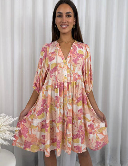 Poppy Button Up Mini Dress - Pink Floral