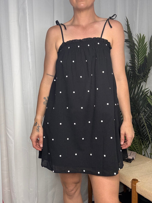 Mimi Shoulder Tie Mini Dress - Black Polka Dot