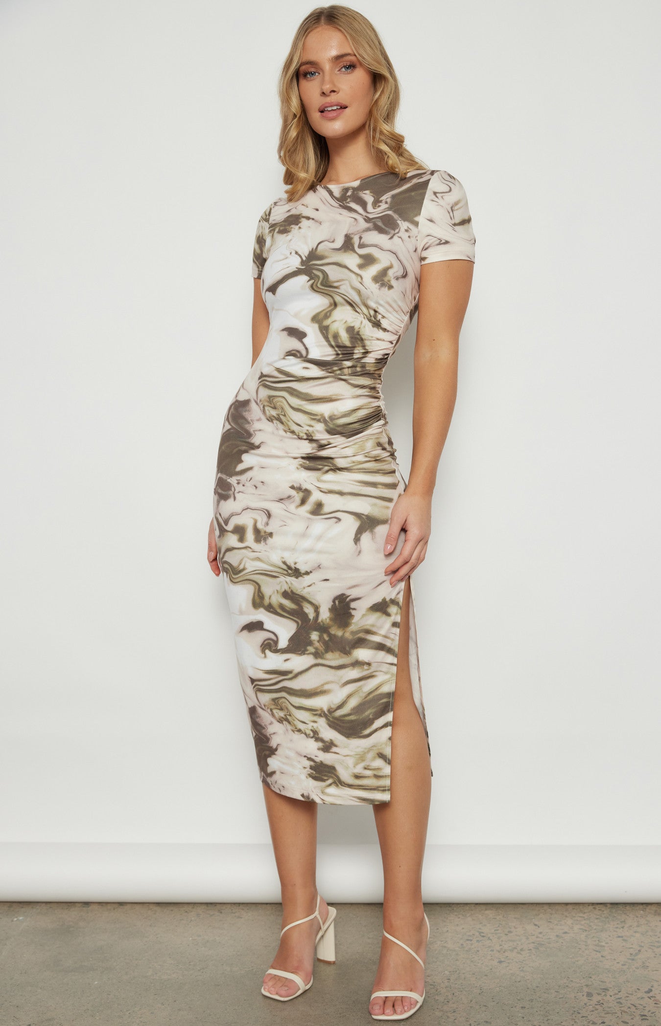 Rose Swirl Print Jersey Midi Dress - Moss