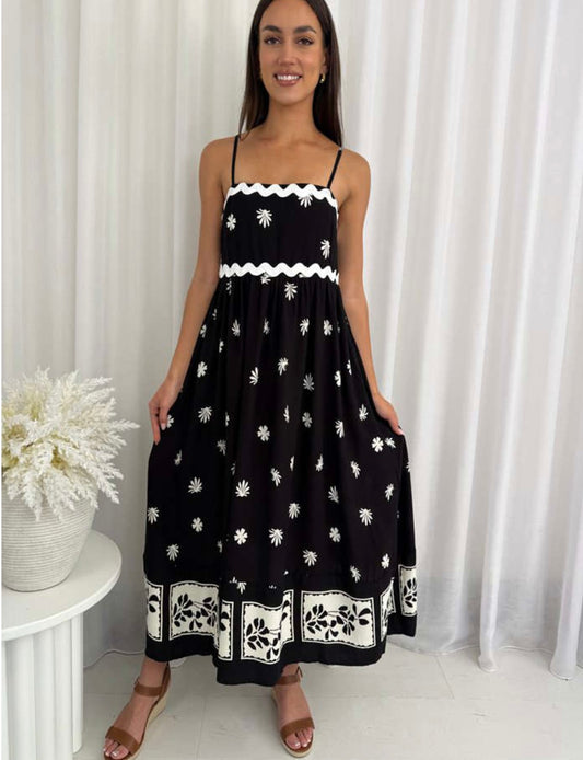 Eden Sleeveless RIC RAC Maxi Dress - Black Floral