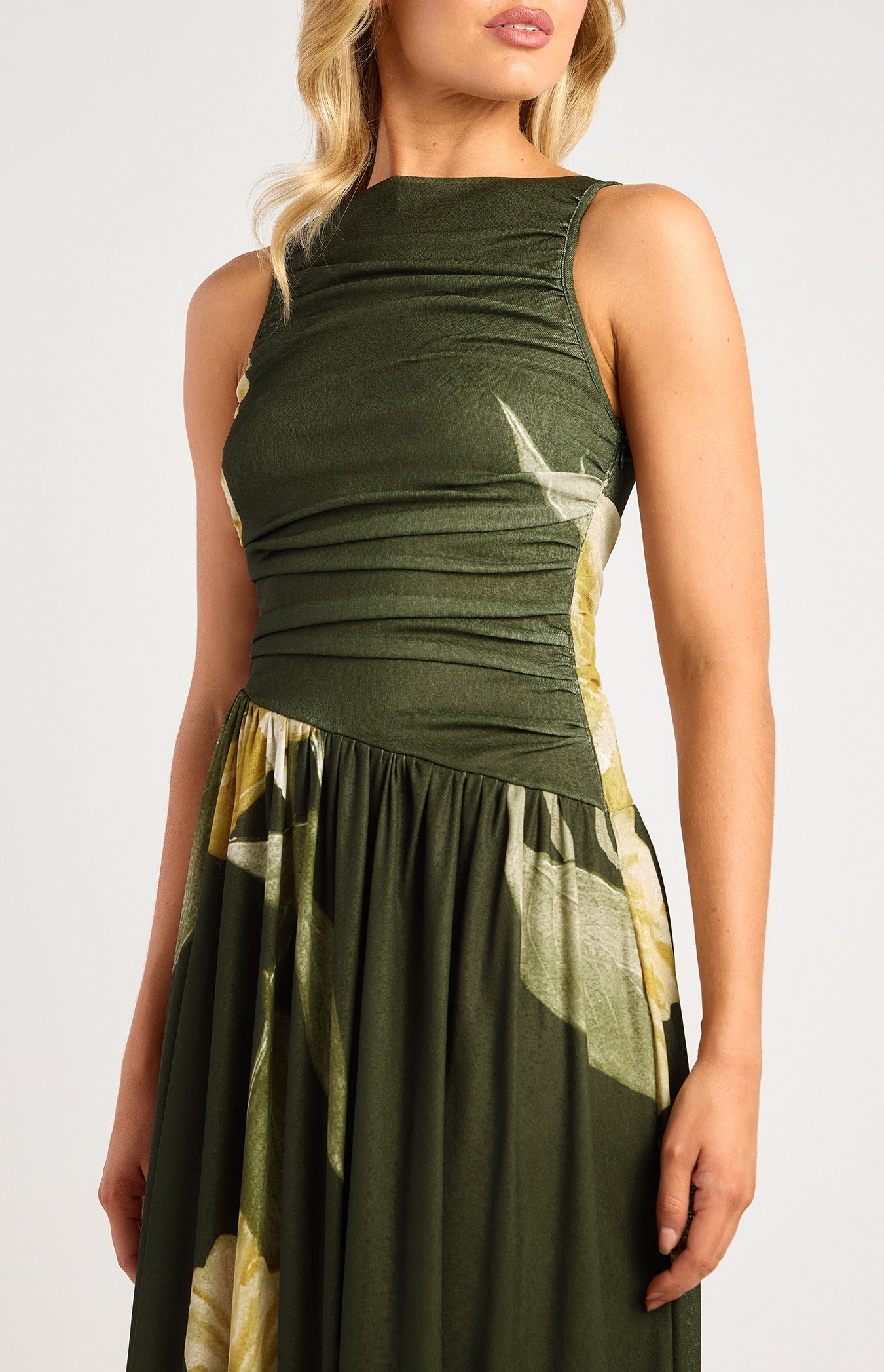 Melody Ruched Bodice Floral Print Jersey Maxi Dress - Green