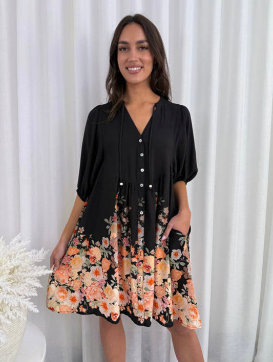 Poppy Button Up Mini Dress - Black Floral