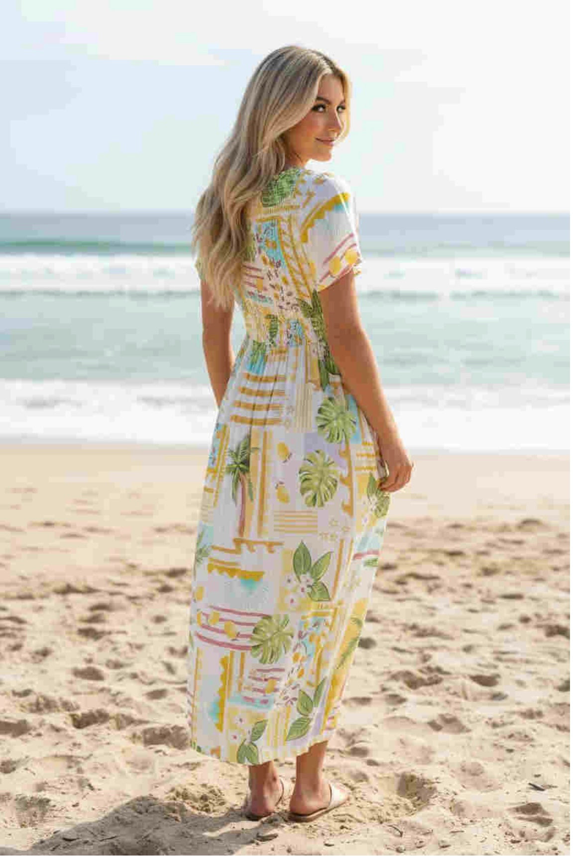 Zoe Button Up Midi Dress - Yellow Tropical