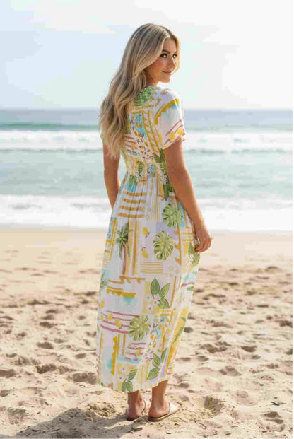 Zoe Button Up Midi Dress - Yellow Tropical