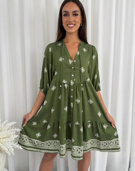 Poppy Button Up Mini Dress - Green