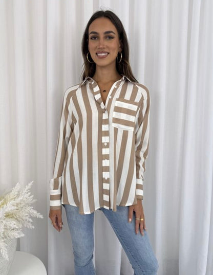 August Button Up Long Sleeve Shirt - Brown White Stripe