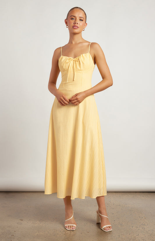 Khaya Lace Up Back Detail Embroidered Cotton Maxi Dress - Lemon