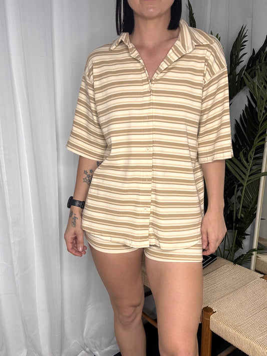 Sara Button Up Top & Matching Shorties - Beige