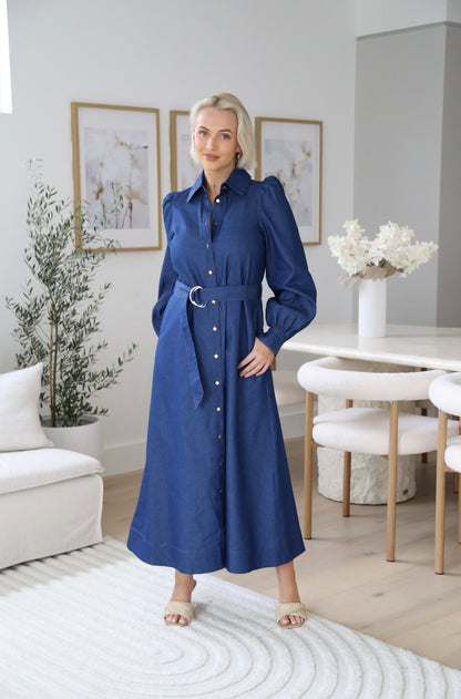 Gina Button Up Belted Maxi Dress - Blue Denim