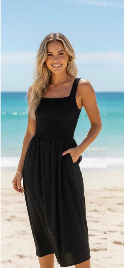 Bailey Shirred Bust Midi Dress - Black