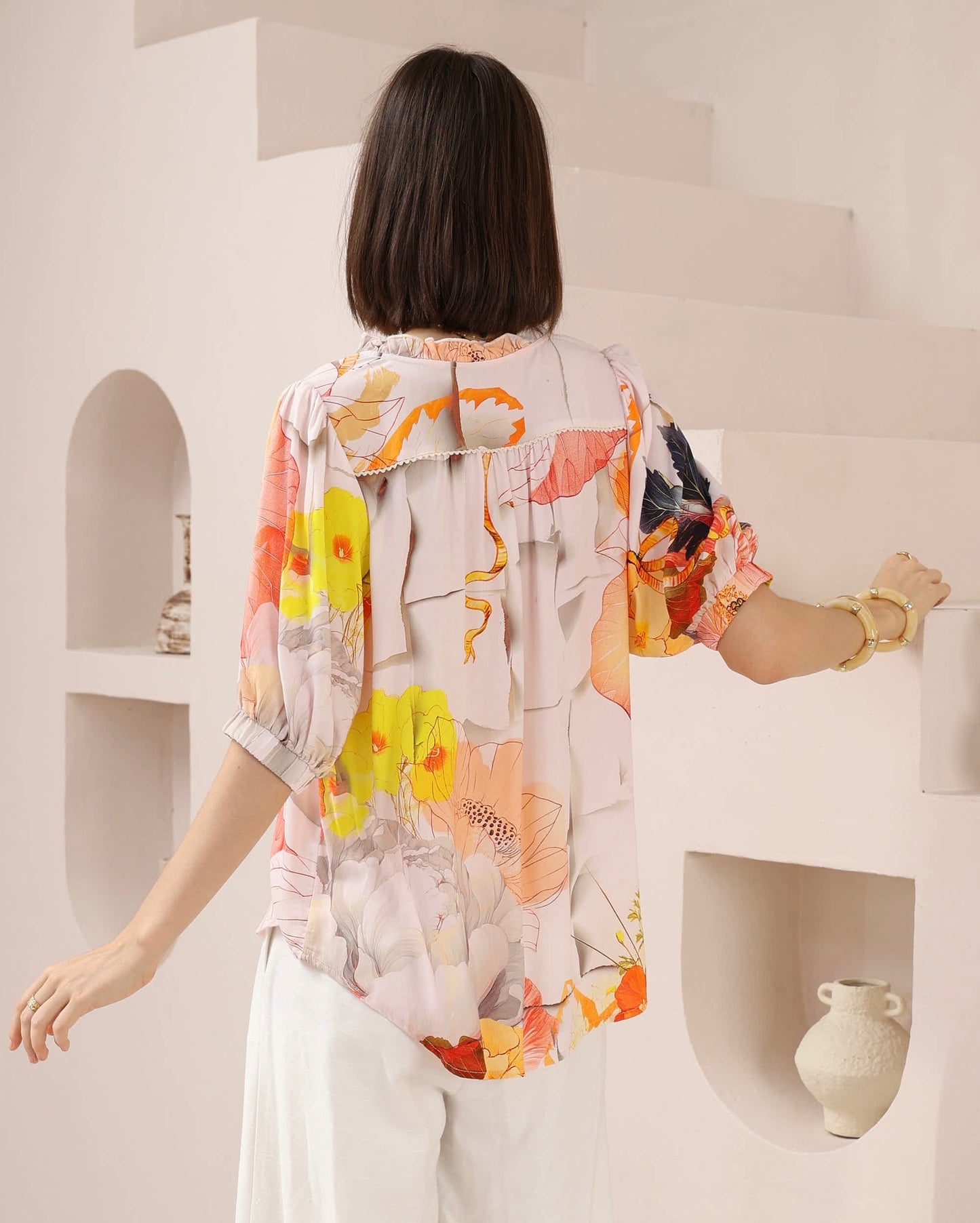 Emma Button Up Short Sleeve Shirt Top - Orange Floral
