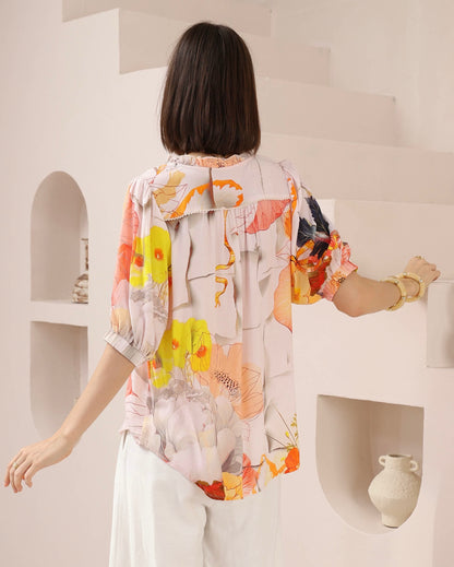 Emma Button Up Short Sleeve Shirt Top - Orange Floral
