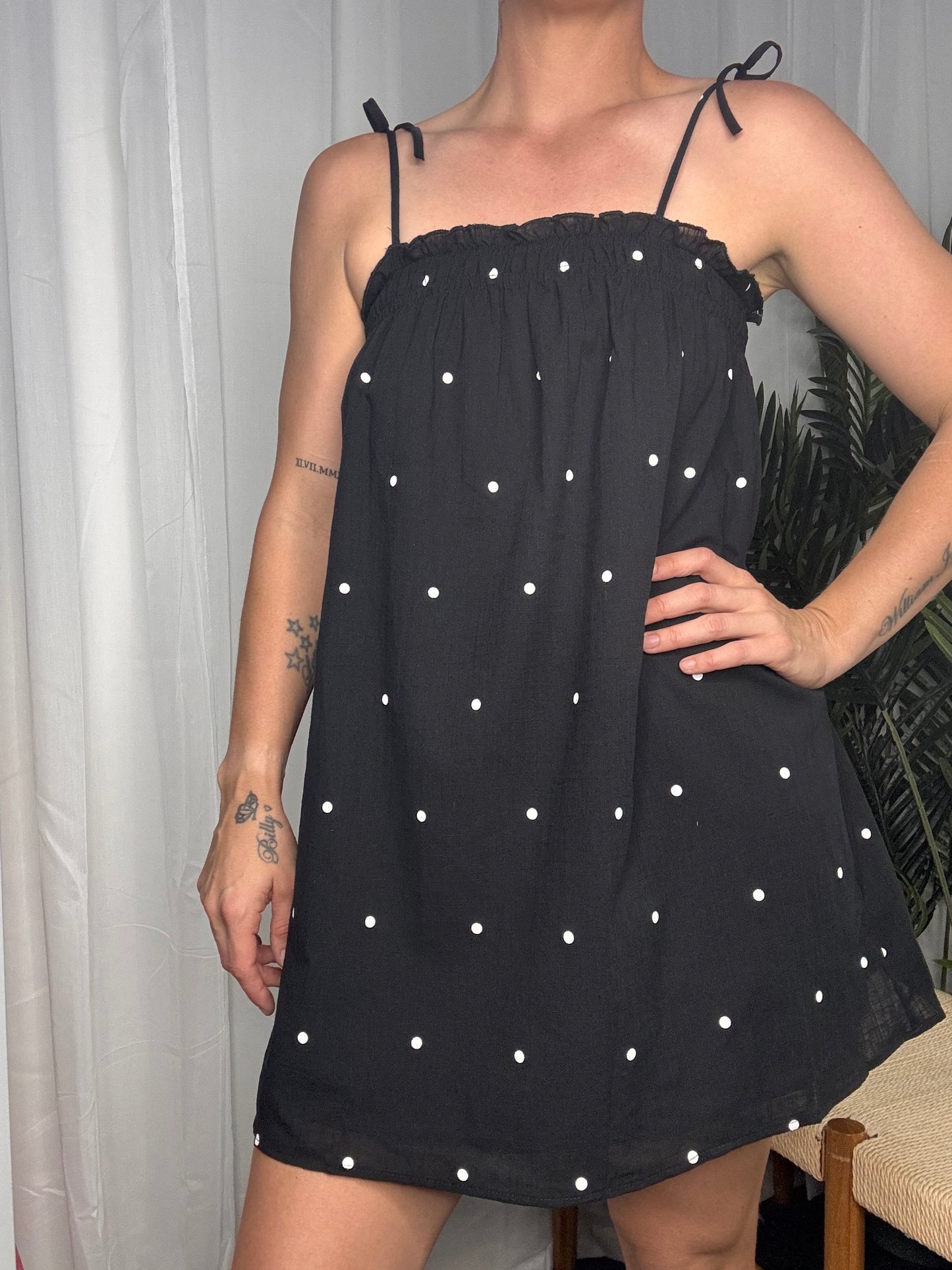 Mimi Shoulder Tie Mini Dress - Black Polka Dot