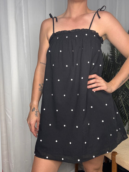 Mimi Shoulder Tie Mini Dress - Black Polka Dot